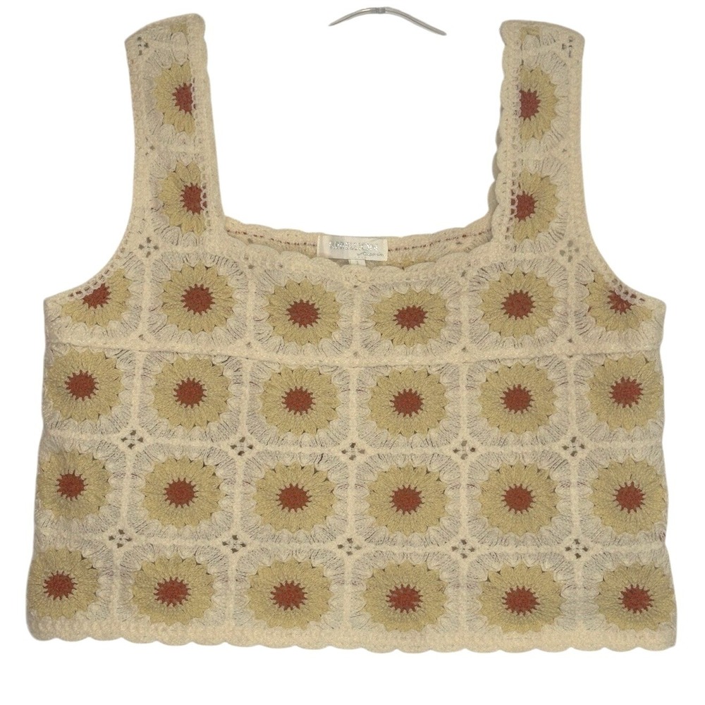 Rebellion Again Tank Top Crochet Sunflower Granny Square Crop Boho Cream Rust L